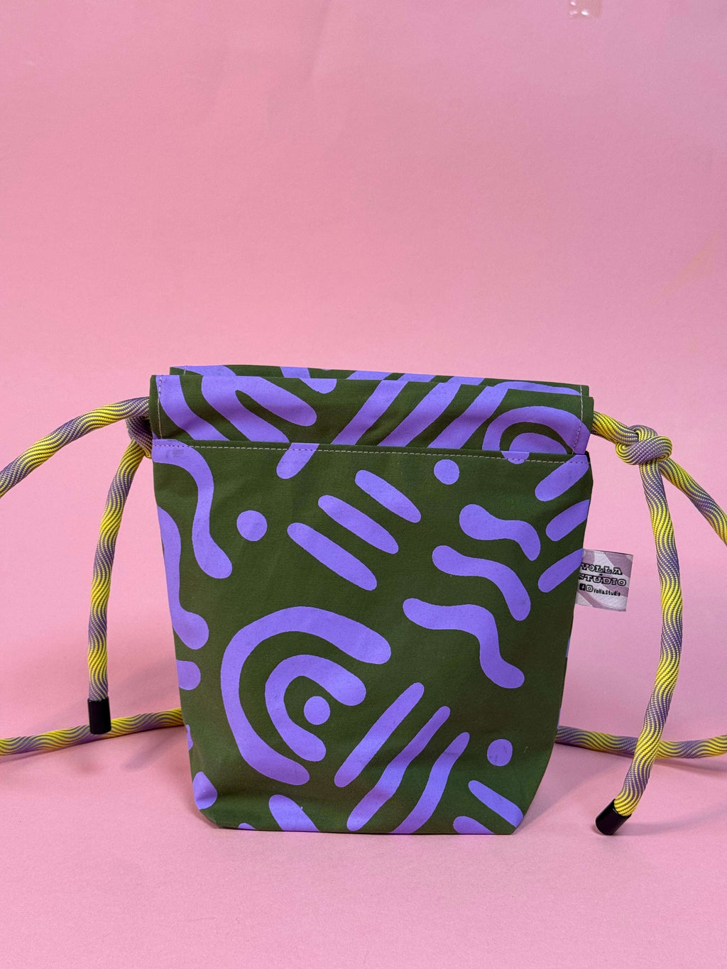 Mini Drawstring Crossbody - Funky Waxed Cotton Bag for Festivals & Dog Walks Purple and Green Abstract