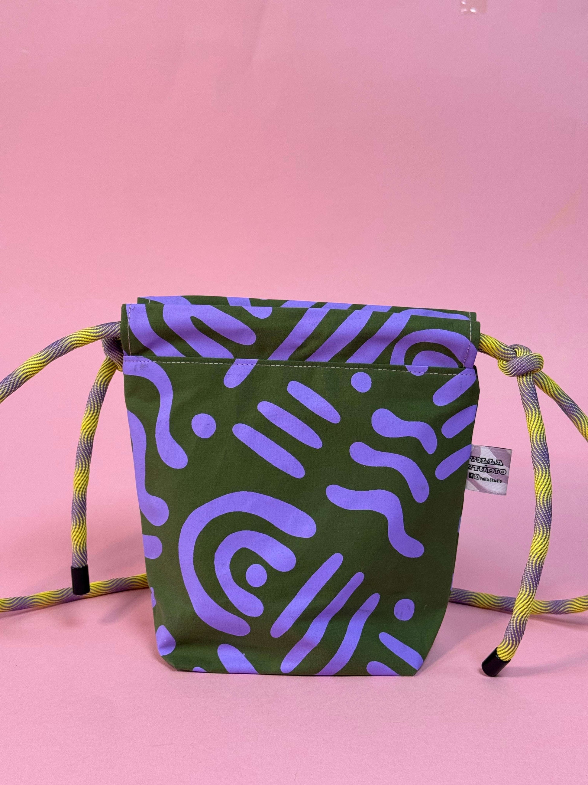 Mini Drawstring Crossbody - Funky Waxed Cotton Bag for Festivals & Dog Walks Purple and Green Abstract