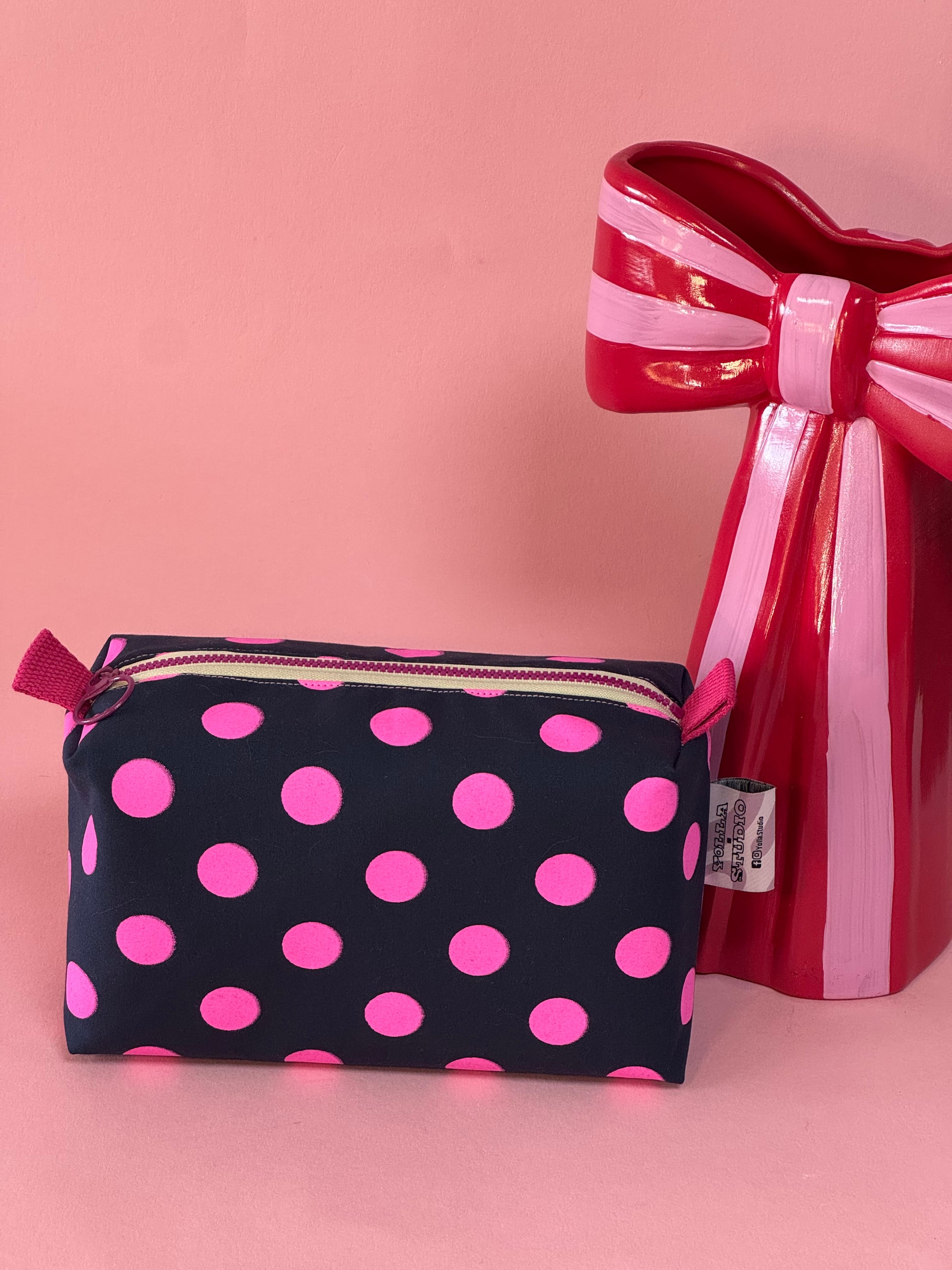 Versatile Boxy Pouch for Travel & Accessories |Pink and Navy Blue Polka Dots Travel Bag