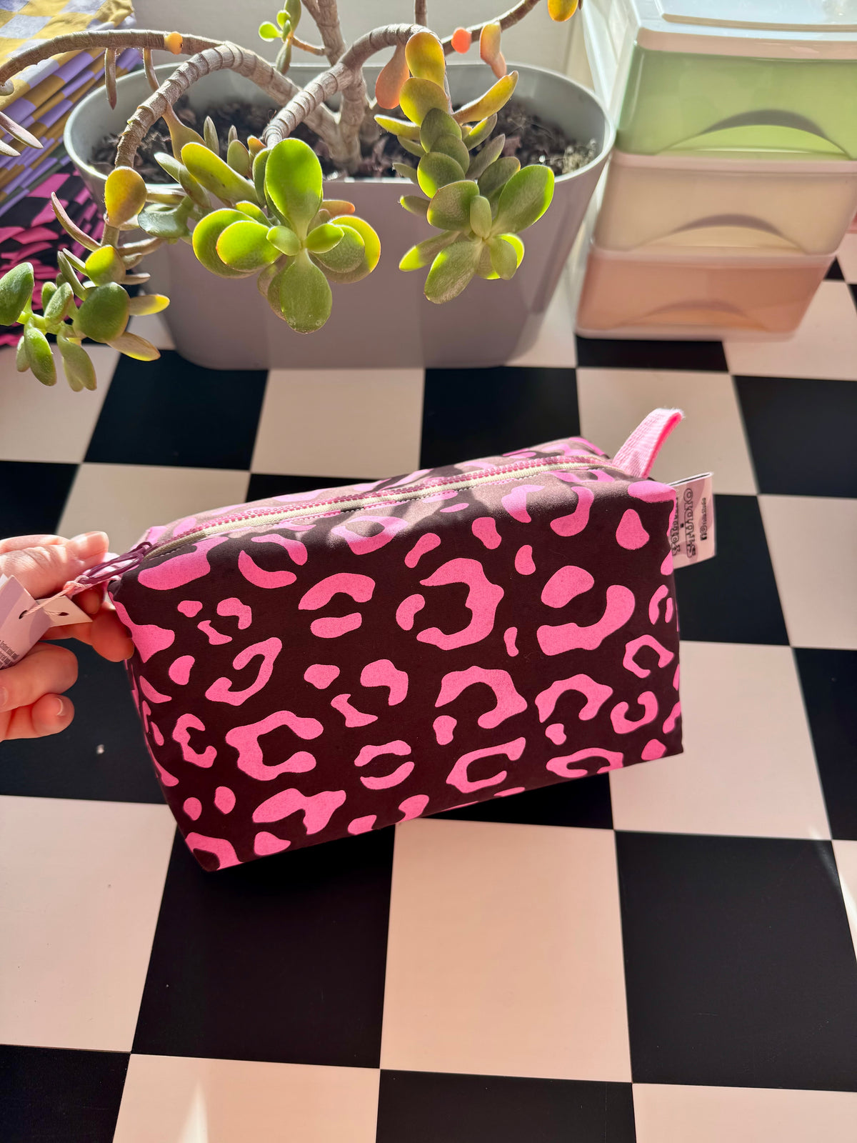 Boxy Pouch for Travel & Accessories | Pink and Burgundy Leopard print