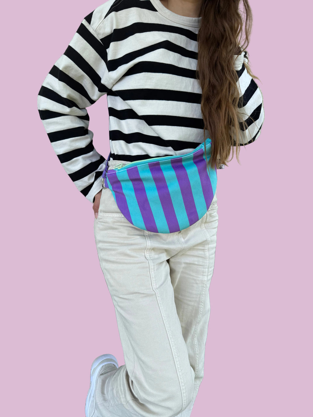 Striped Velvet Semi-Circle Crossbody Bag | Waterproof Lining