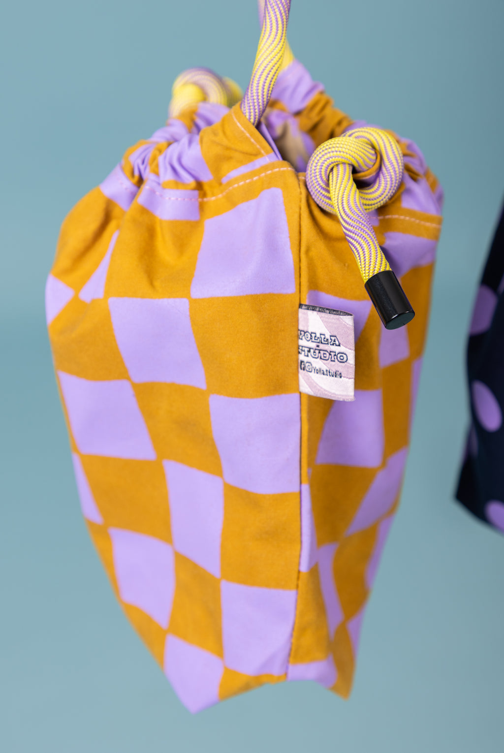 Mini Drawstring Crossbody - Funky Waxed Cotton Bag for Festivals & Dog Walks Checkered Pattern