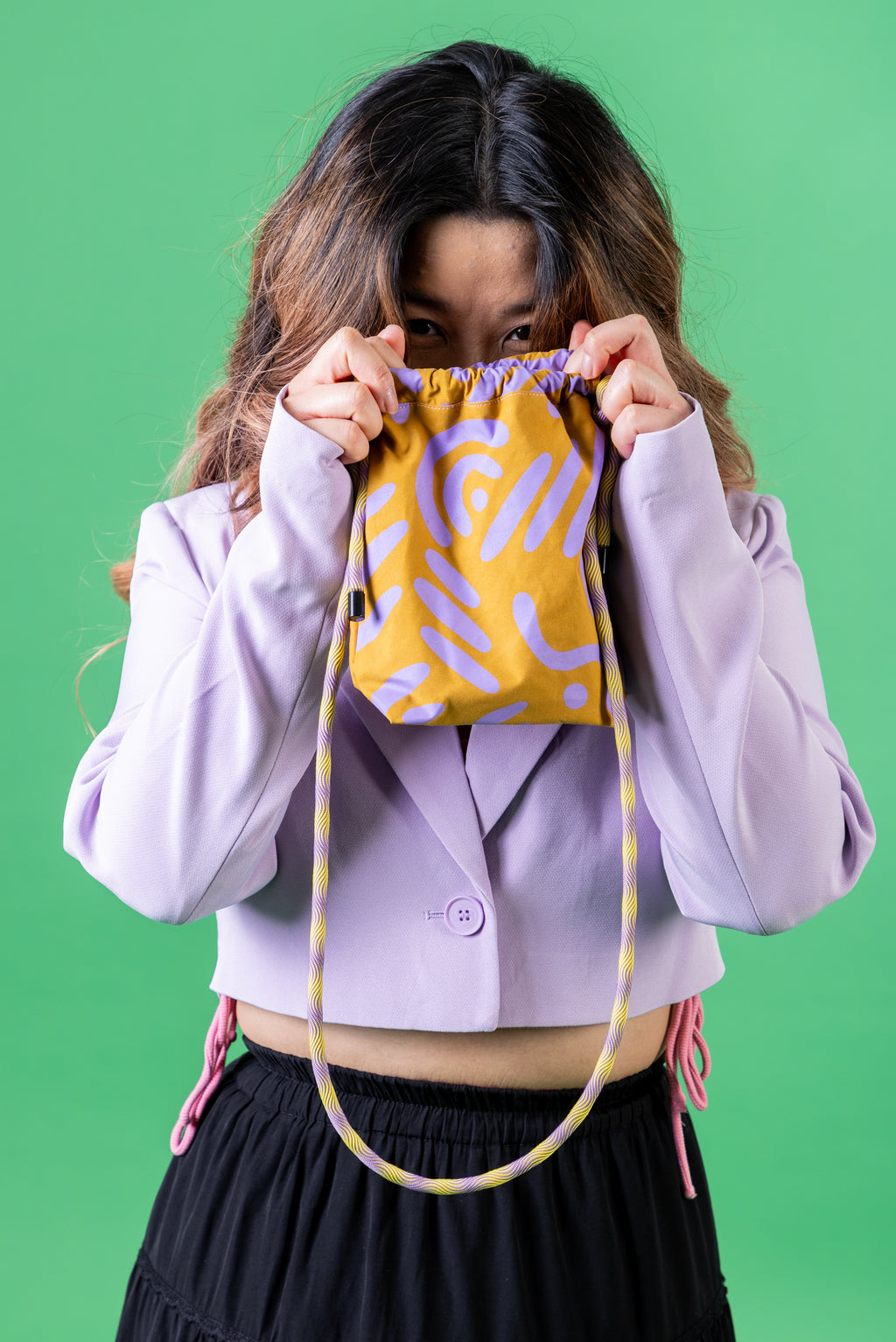 Mini Drawstring Crossbody - Funky Waxed Cotton Bag for Festivals & Dog Walks Purple and Green Abstract