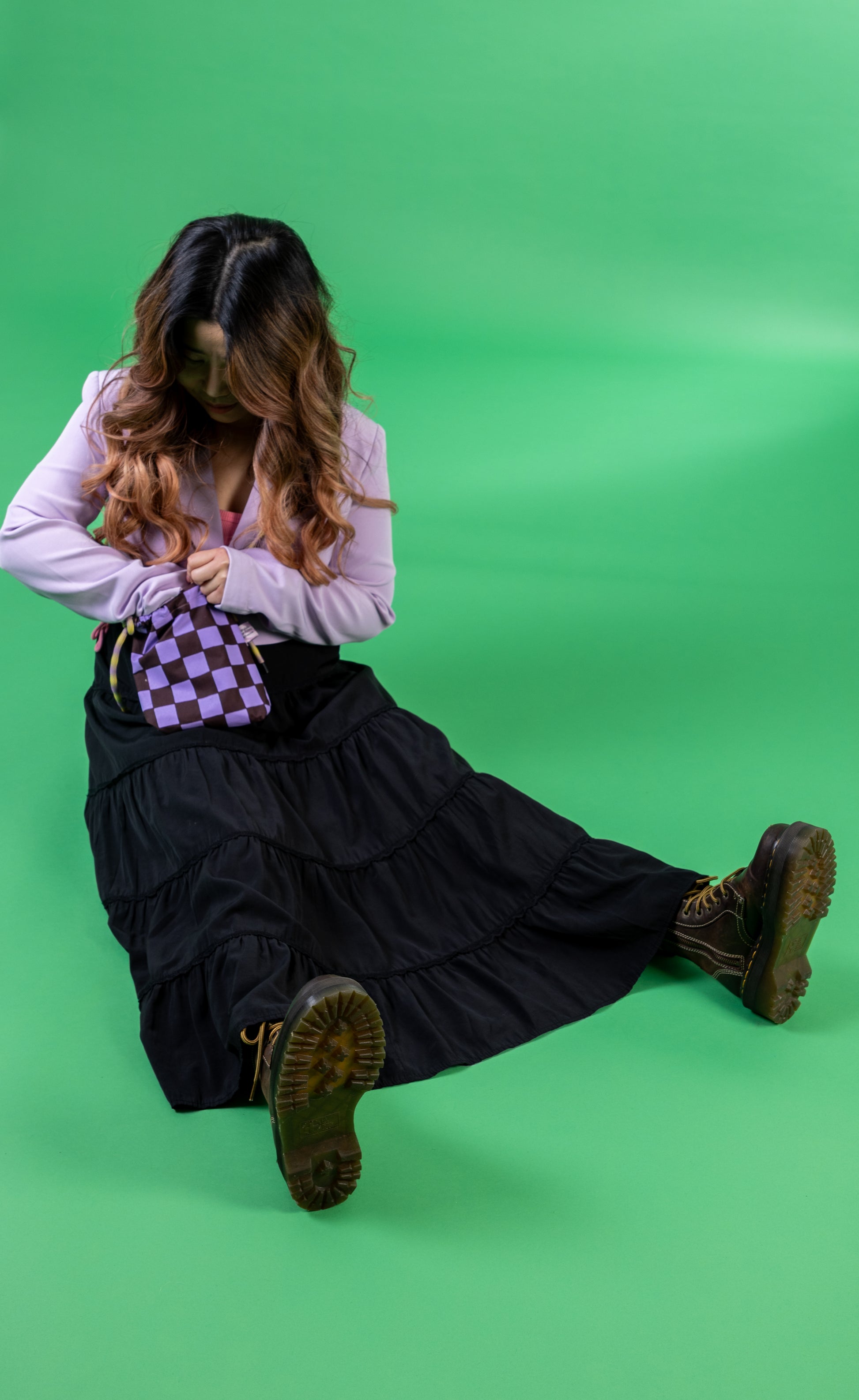 Mini Drawstring Crossbody - Funky Waxed Cotton Bag for Festivals & Dog Walks Checkered Pattern