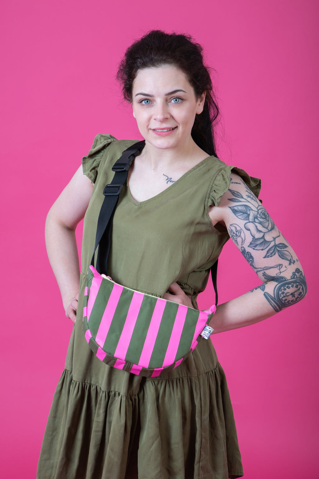 Pink and Green Stripes Sling Bag | Crossbody Bag | Adjustable Waxed Cotton Bag |Stripy Pattern Bag