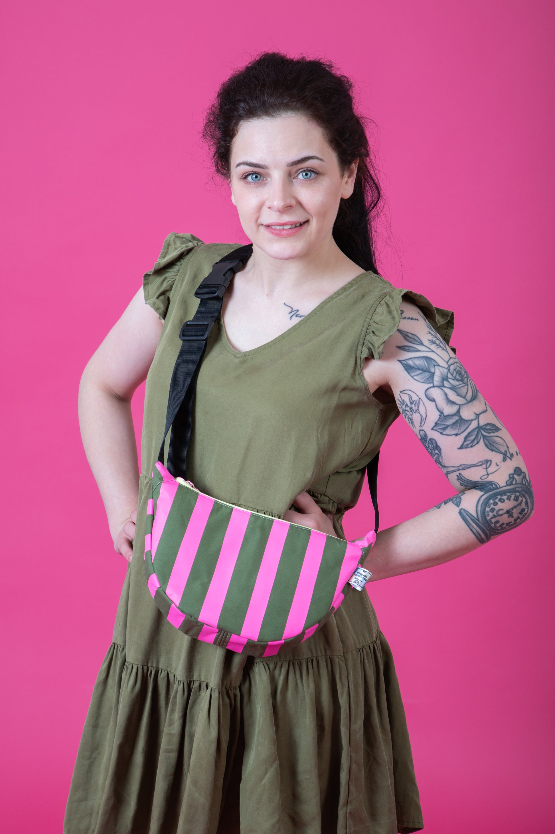 Pink and Green Stripes Sling Bag | Crossbody Bag | Adjustable Waxed Cotton Bag |Stripy Pattern Bag