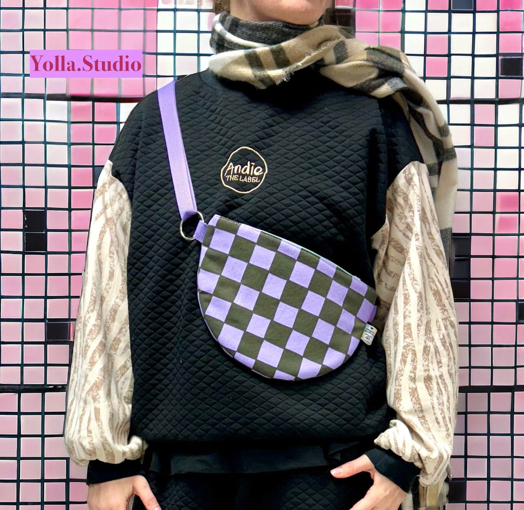 Checkered Pattern Semi Circle Crossbody Bag