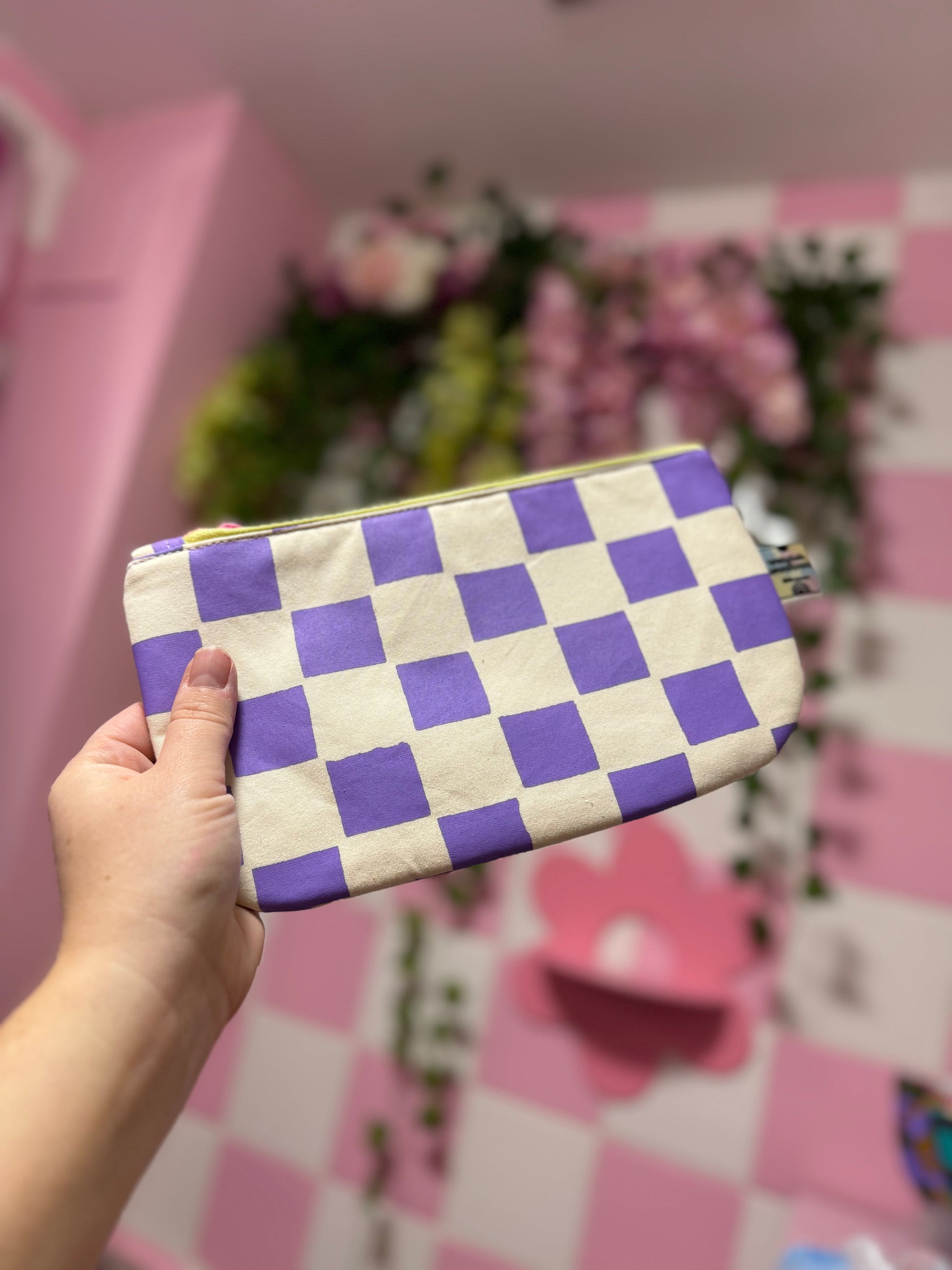 Handprinted  Waxed Cotton Pencil and Makeup Case Turquoise and Grey Checkered