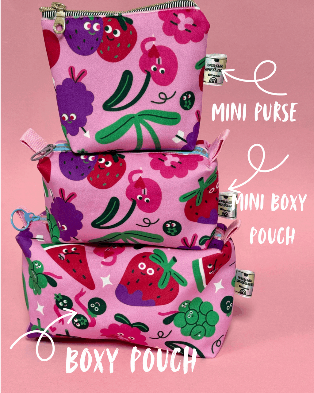 Mini Velvet Boxy Pouch -Fruity Illustration Travel Case - Dundee Made