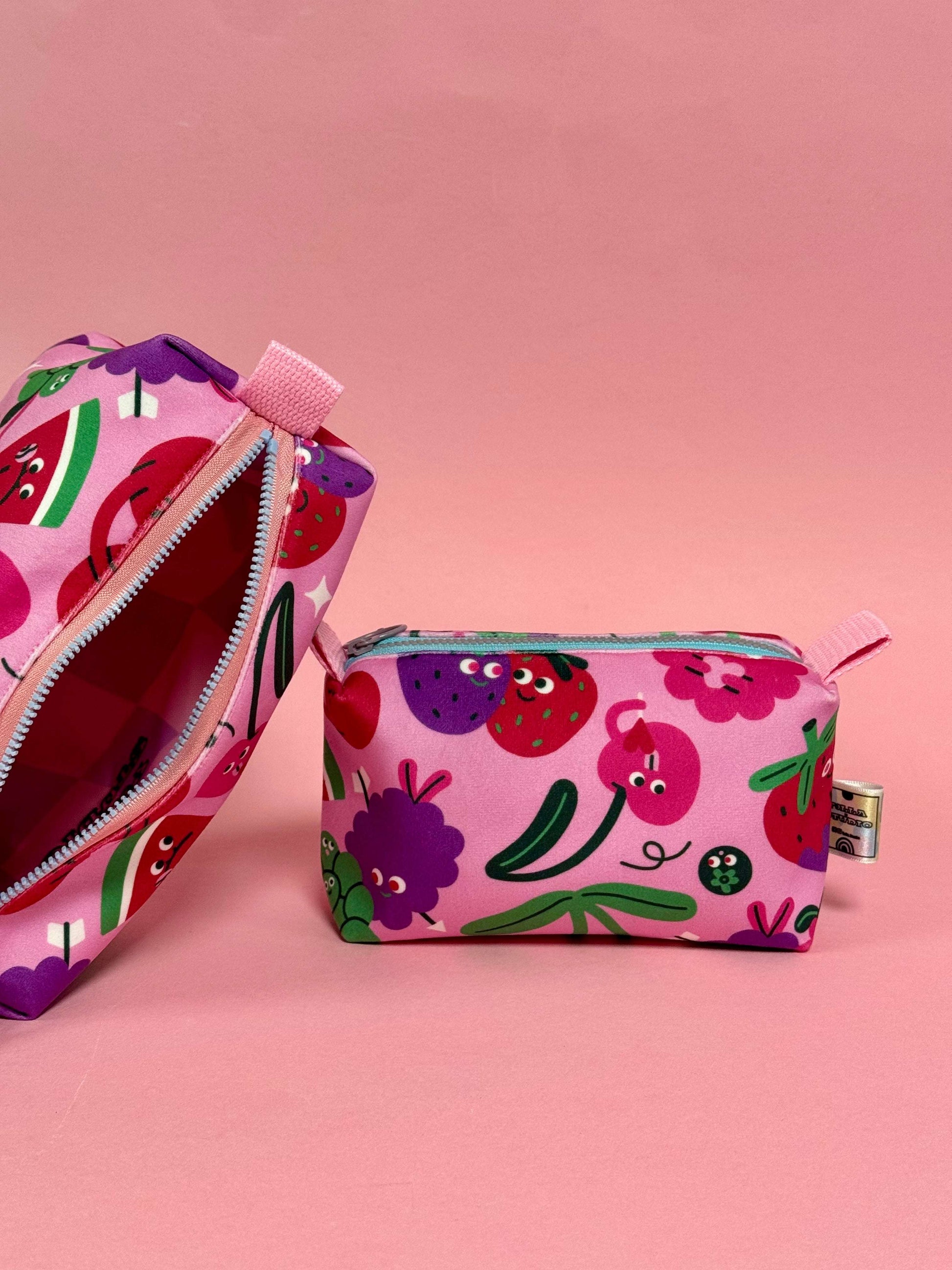 Mini Velvet Boxy Pouch -Fruity Illustration Travel Case - Dundee Made