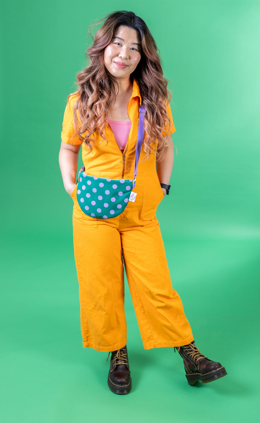 Trendy Purple and Green Polka Dots Semi Circle Crossbody Bag