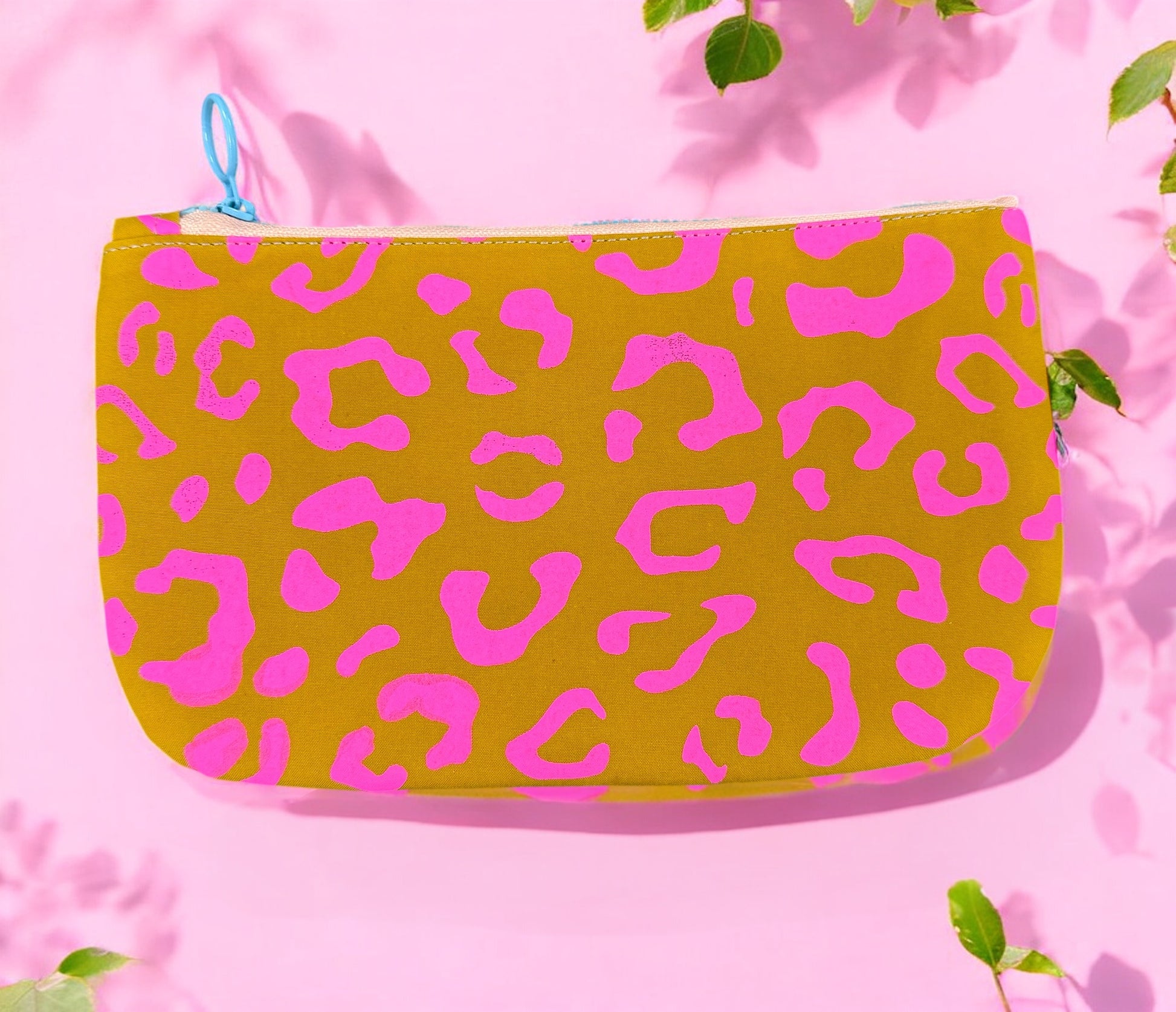Handprinted  Waxed Cotton Pencil and Makeup Case Pink and Mustard Leopard