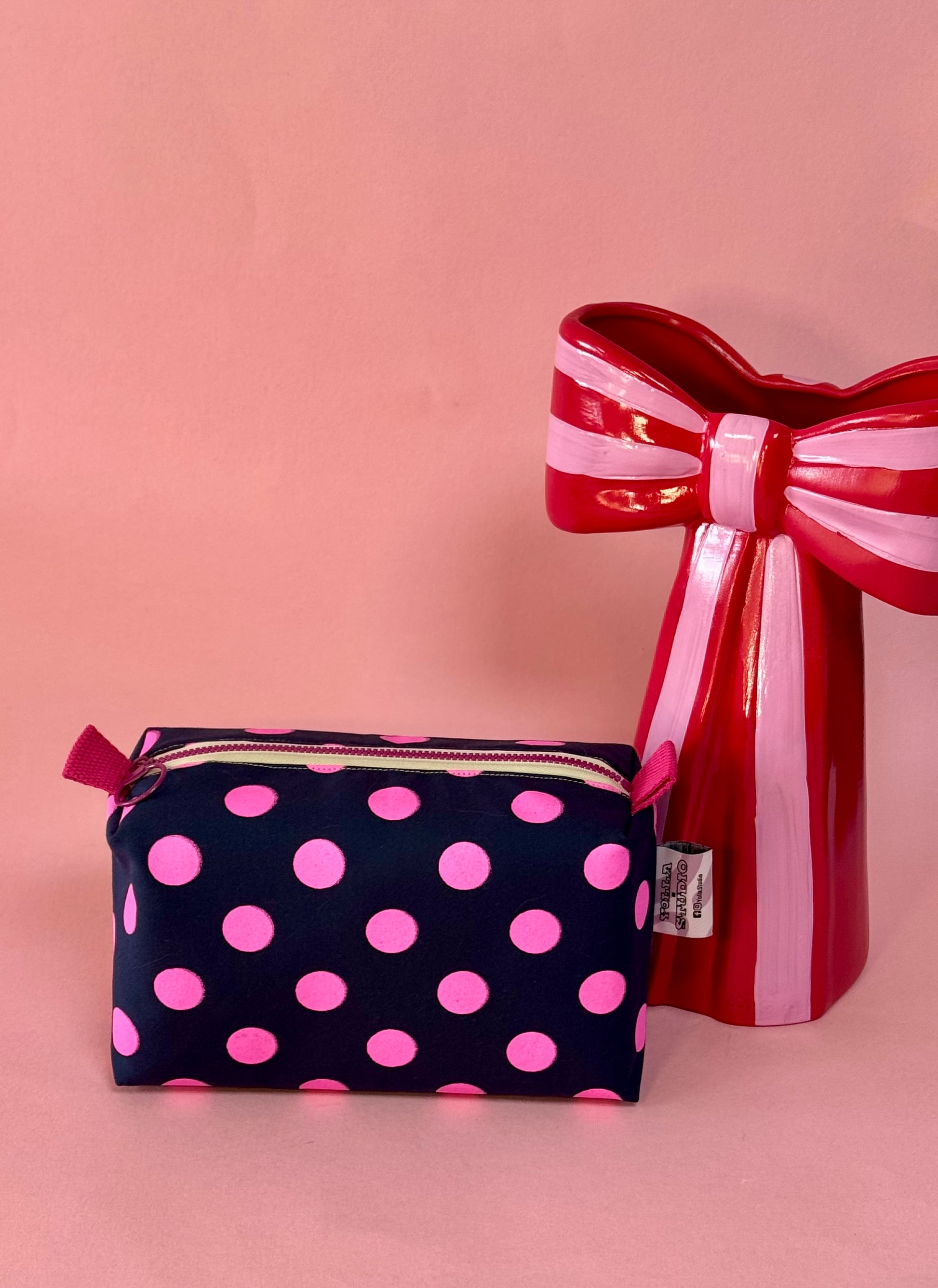 Versatile Boxy Pouch for Travel & Accessories |Pink and Navy Blue Polka Dots Travel Bag