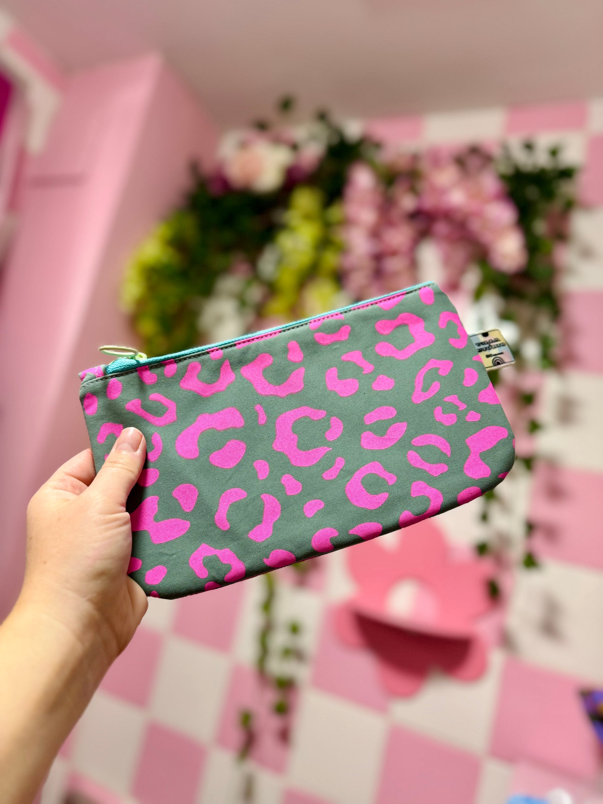 Handprinted  Waxed Cotton Pencil and Makeup Case Pink and Teal Leopard
