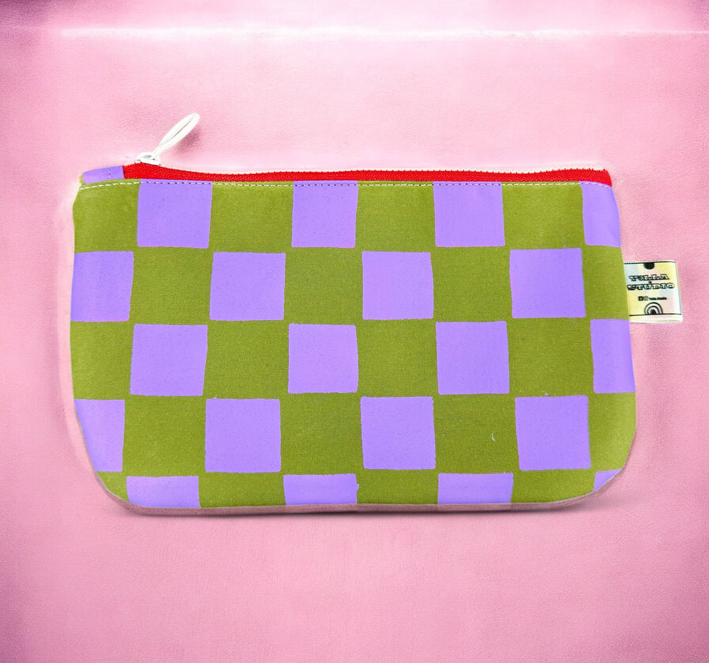 Handprinted  Waxed Cotton Pencil and Makeup Case Purple and Green Checkered