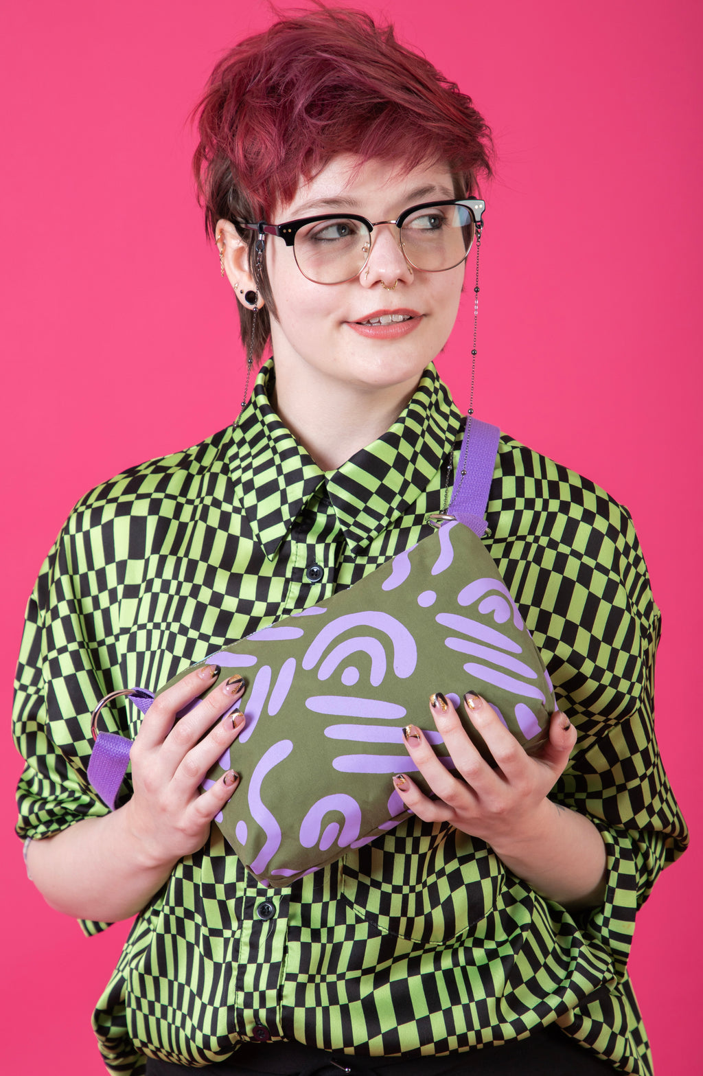 Checkered Pattern Bag | Boxy Crossbody Bag | Adjustable Waxed Cotton Bag