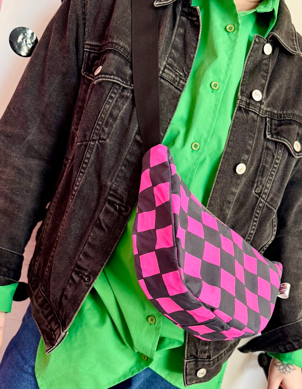 Checkered Pattern Sling Bag | Crossbody Bag | Adjustable Waxed Cotton Bag