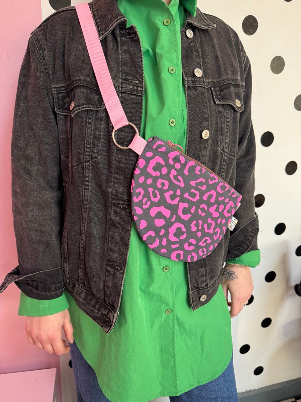 Leopard Print Crossbody Bag | Semi-Circle Crossbody Bag | Adjustable Waxed Cotton |