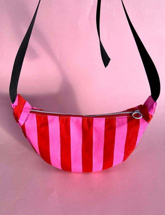 Pink and Red Sling Bag | Crossbody Bag | Adjustable Waxed Cotton Bag |Stripy Pattern Bag
