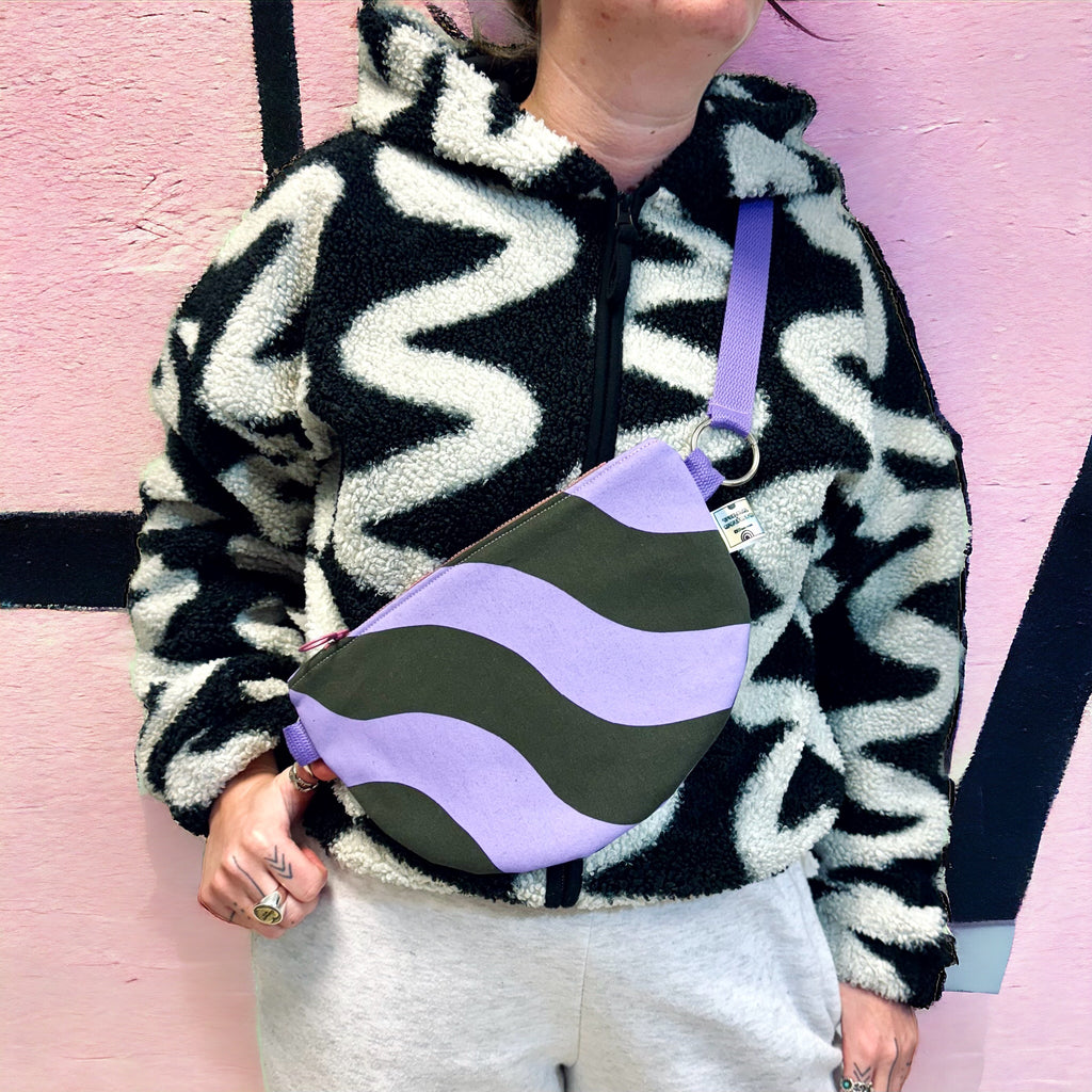 Wavy Print Crossbody Bag | Semi-Circle Crossbody Bag | Adjustable Waxed Cotton