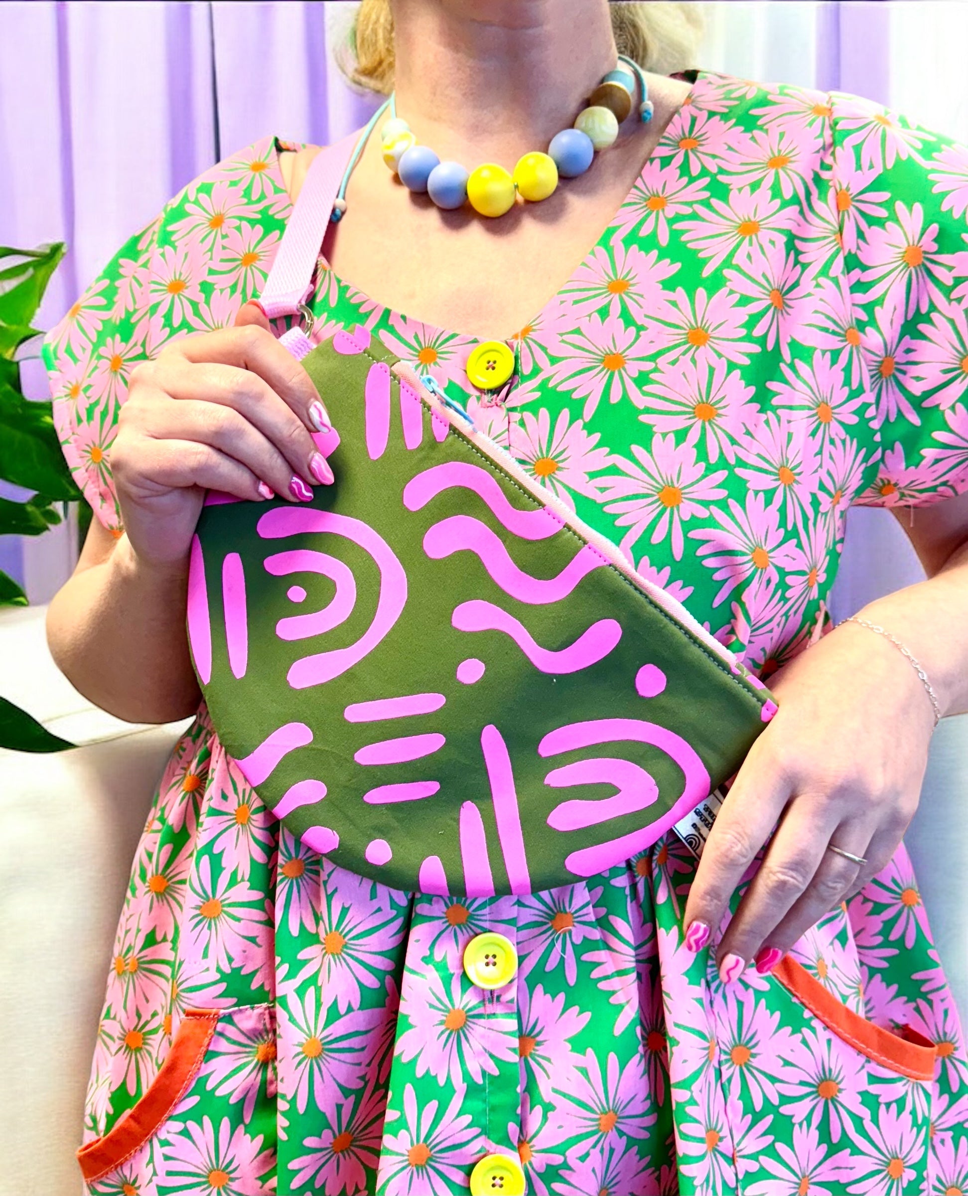 Semi-Circle Crossbody Bag | Adjustable Waxed Cotton | Abstract Pattern Bag